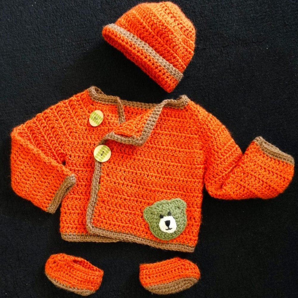 Hand-Knitted Baby Sweater w/Hat and Booties